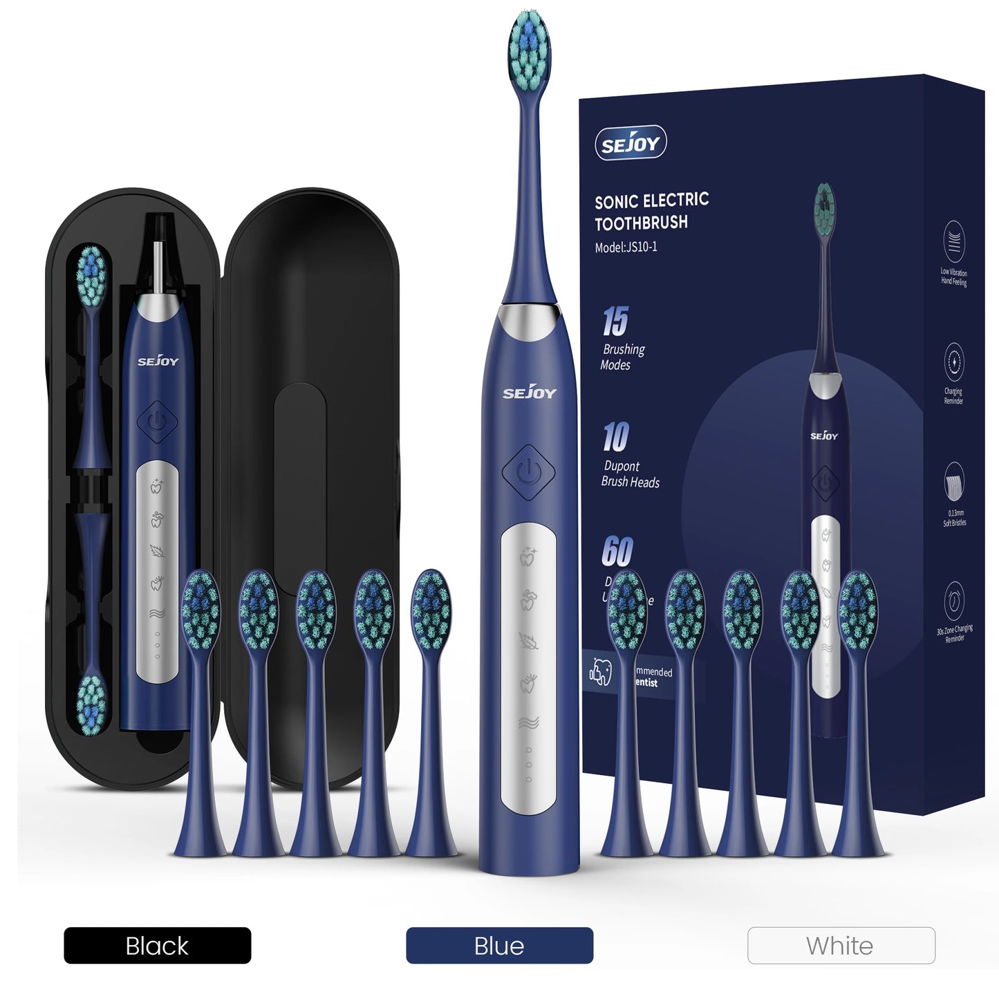 Sejoy Electric Sonic Toothbrush with 10 pcs Replacement Heads Rechargeable Waterproof Tooth Brushes for Home Travel