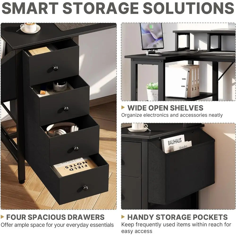 120x70cm L-Shaped Computer Desk with Power Outlets, Monitor Stand and Reversible Shelves, Black