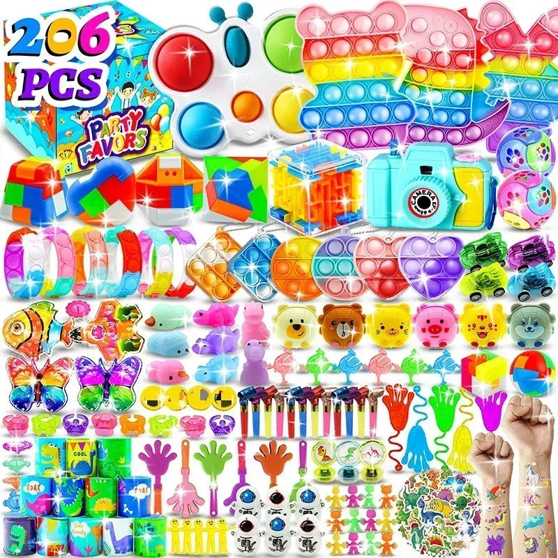 120/206Pcs Kids Birthday Pinata Toys Snap Bracelets Push Bubble Fidget Toys Carnival Prize Pinata Filler Bulk Toys Kids Gifts