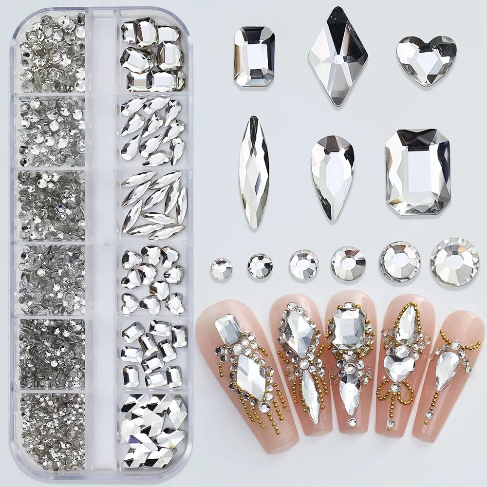 2400pcs+ Shiny Clear Crystal Gems Nail Rhinestones 1.5-4mm Mixed Round Glass Stone Flatback Nail Charms 12grids Nail Diamond DIY