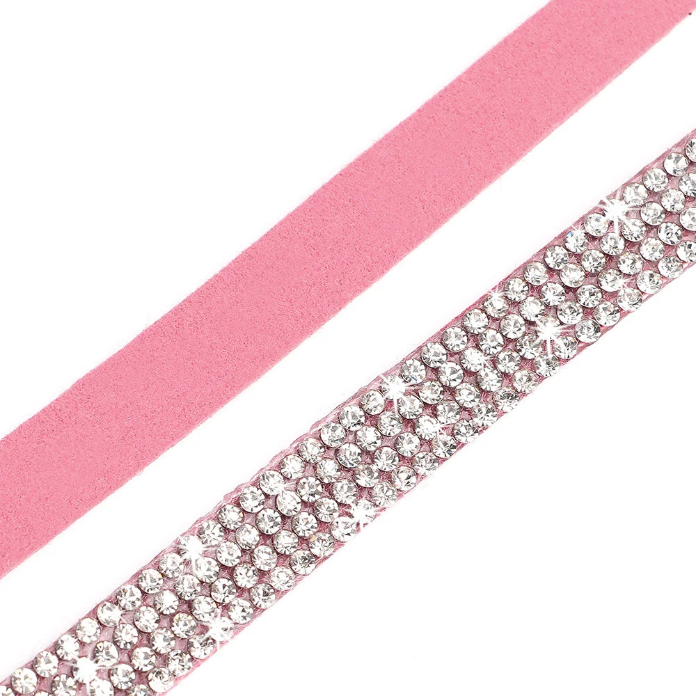 Soft Pink Suede Leather Cat Collar - Cute Bling Rhinestone Design, with Bell & Safety Breakaway Buckle, Adjustable XS/S Sizes