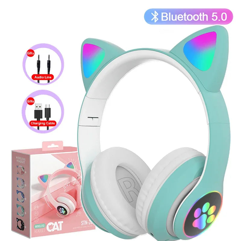 Bluetooth 5.0 Stereo With Mic Flash Lamp Cute Cat Ears Headphone Support TF Card Wireless Kids Girl Earphone Birthday Gift