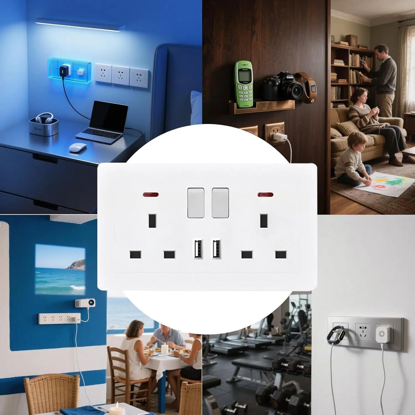 UK Standard 13A Switched Wall Socket with Dual USB Charger Ports LED Indicator Standard Size Easy Fit Wall Mounted USB Power