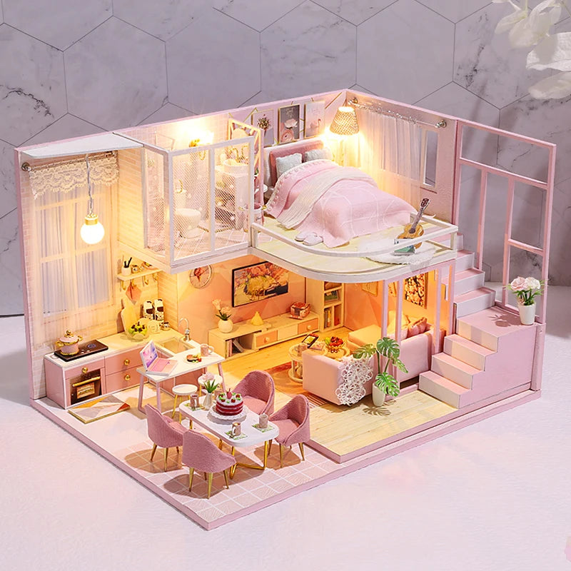 DIY Wooden Doll House Handmade Duplex Apartment Production 3D Puzzle Assembly Building Duplex Apartment Model Toy Children Gifts