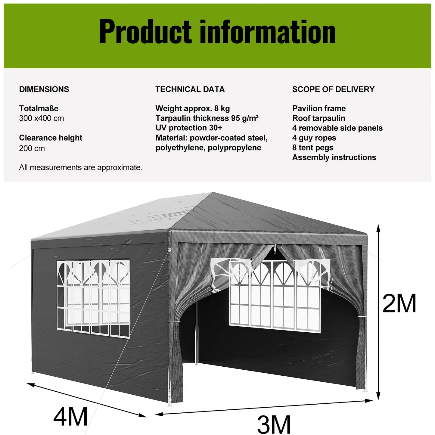 LOEFME 3x4M/3x3M Outdoor Gazebo Tent Outdoor Garden Camping Awning Waterproof Windproof UV Sun Shelter W/ Removable 4 Side Walls