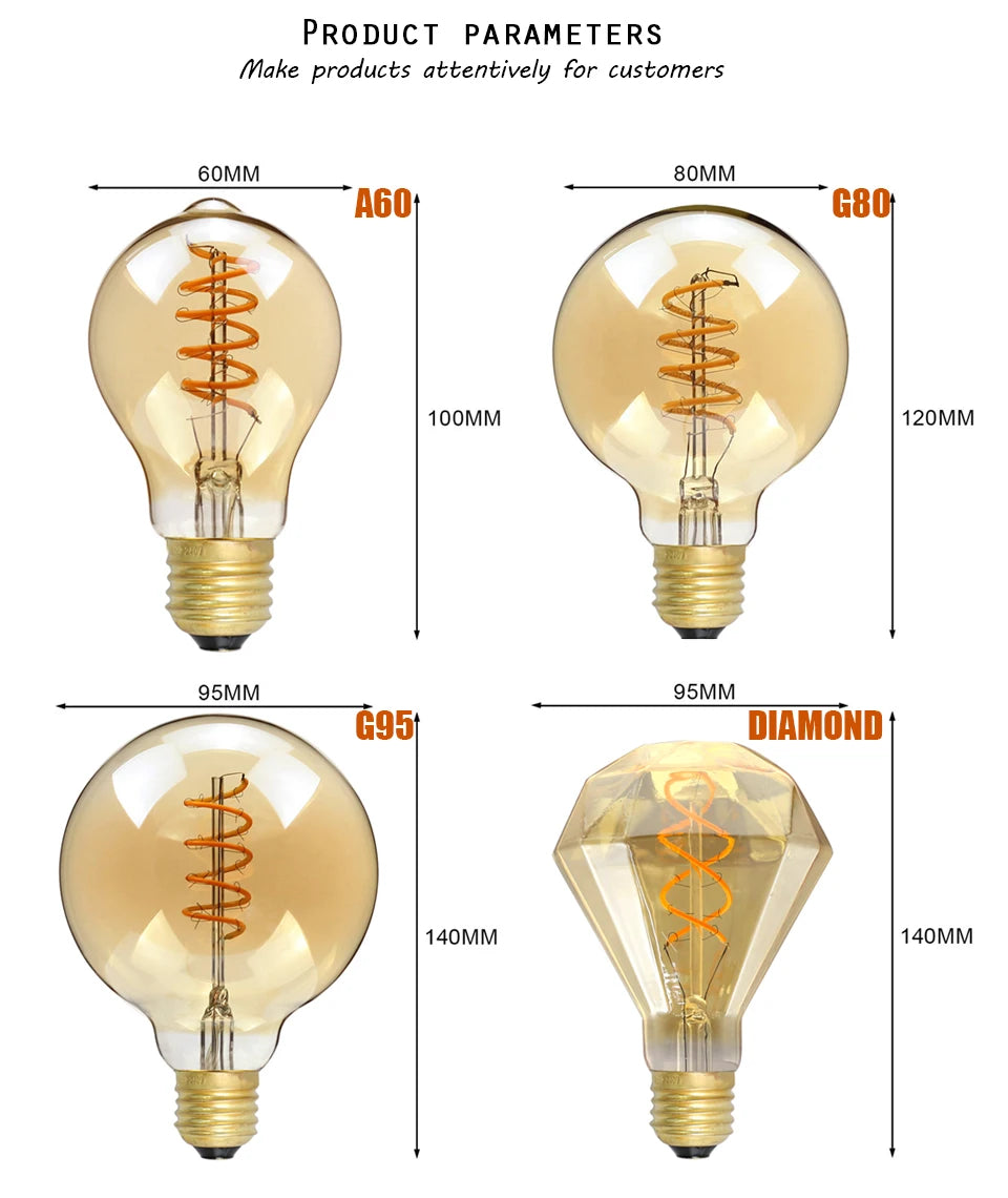 E27 LED Filament Light Bulb 220V 4W A60 ST64 T45 T185 G80 G95 G125 Retro Vintage ampoules LED Edison Lamp Spiral Bulb For Home