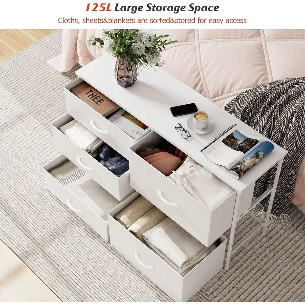 5 Drawer Bedroom Chest with Storage, Wooden Top, Steel Handles, White, 30 x 100 x 61