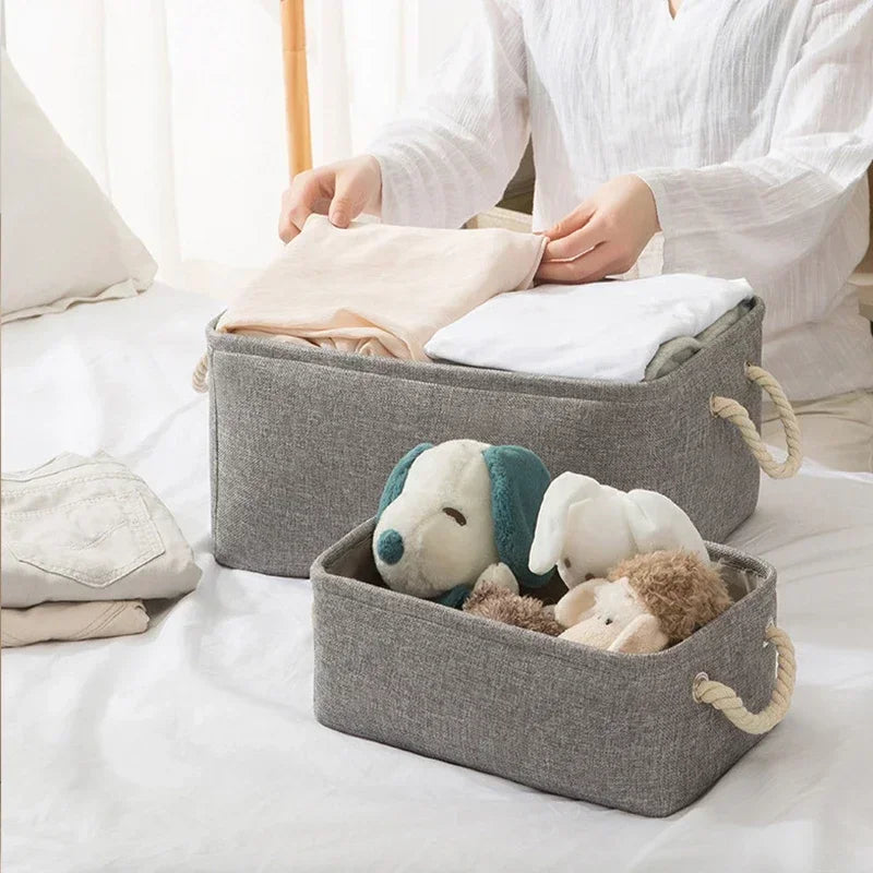 Folding Linen Fabric Storage Basket Multi-functional Sundries Storage Bag with Handle Organizer Box for Underwear Sock Baby Toys