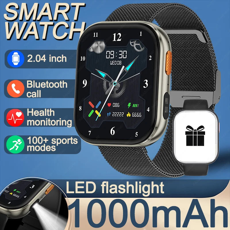 Outdoor New 1000mAh SmartWatch 2.04"HD Screen Smartwatch LED Flashlight 100+sports mode BT Call Waterproof SmartWatches Men Wome