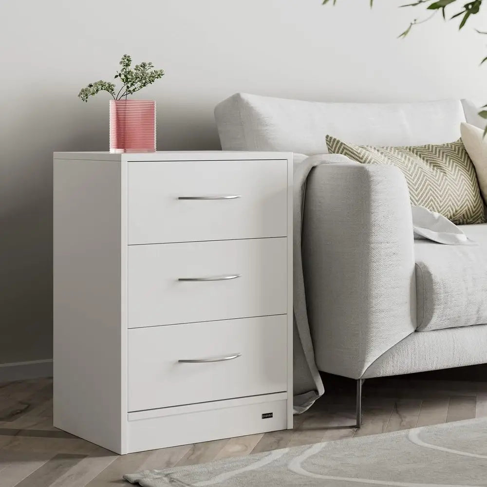 Compact White 3-Drawer Nightstand with Cable Management and Anti-Tip Safety for Bedroom Storage