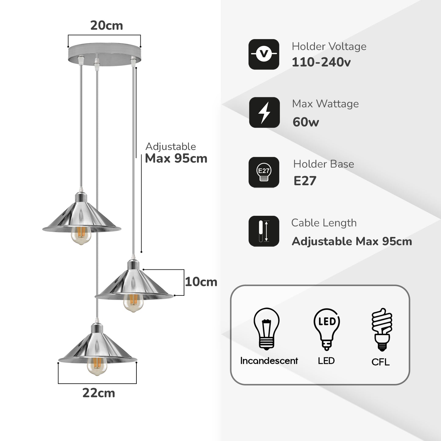 3 Head Round Base Industrial Vintage Ceiling Pendant Light Shade Hanging Lamp Light