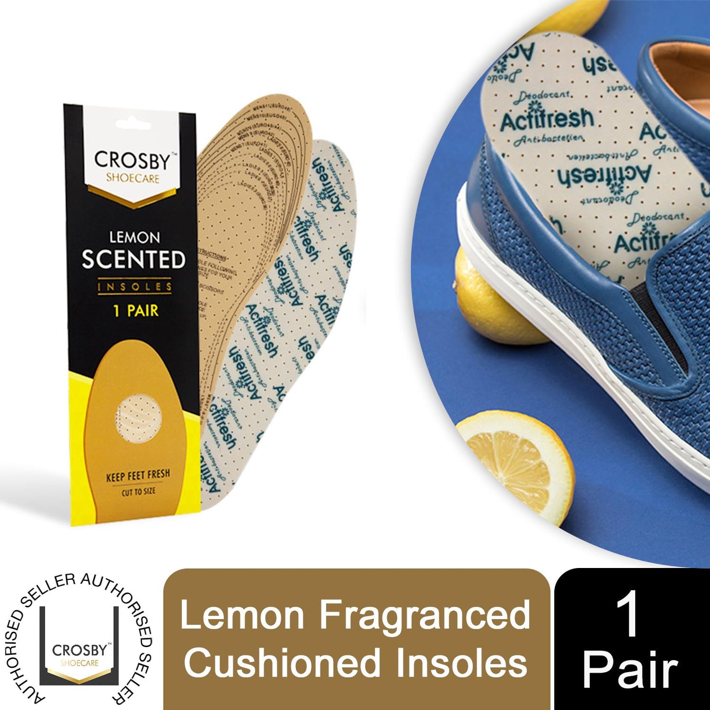 Crosby Scented Unisex Foot Full-Length Insoles for Boots/Shoes/Footwear, Lemon