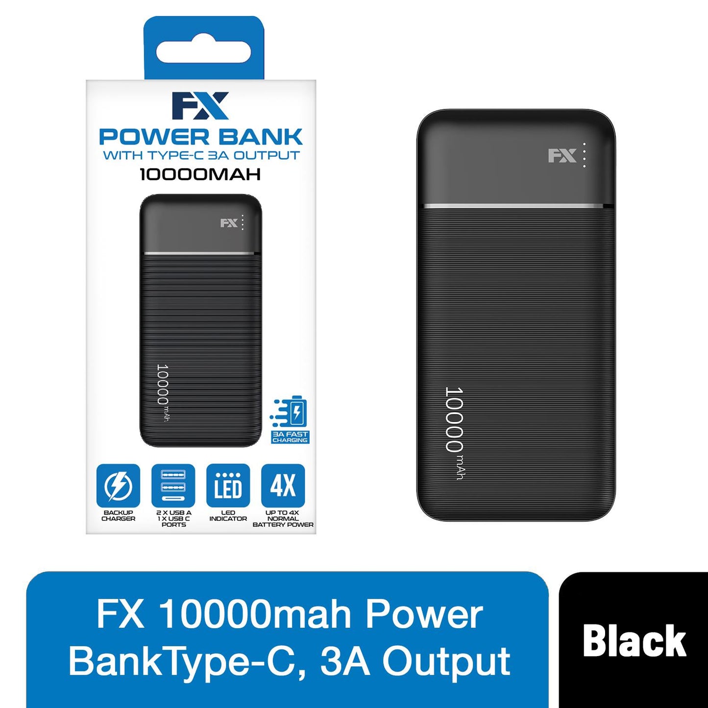 FX 10,000 mAh Powerbank with Type-C 3A Output, Black