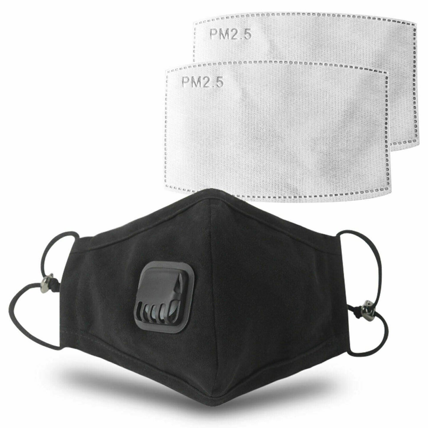 Anti Pollution Washable Cotton Mouth Mask with Valve Replaceable Filter, Black[1x Mask with 2 Filters]