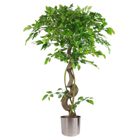 120cm Twisted Trunk Artificial Japanese Fruticosa Style Ficus Tree Silver Planter