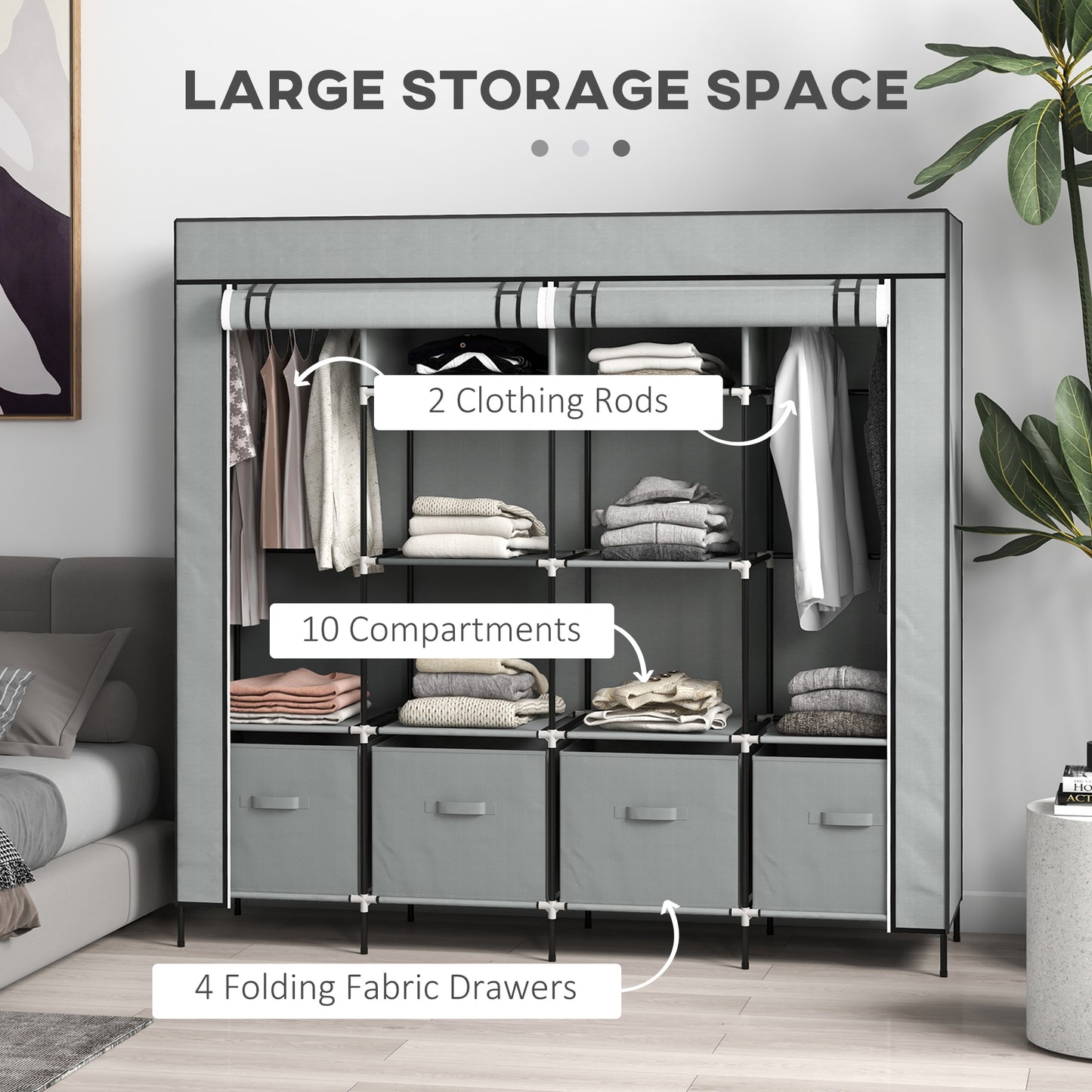 HOMCOM Fabric Wardrobe w/ 12 Shelves 2 Hanging Rails Foldable Closets