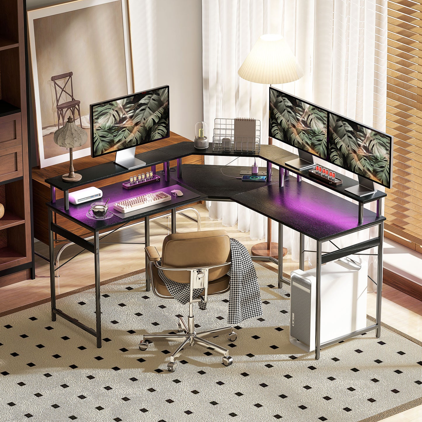 HOMCOM L Shaped Desk Corner Computer Desk with Monitor Stand, Black