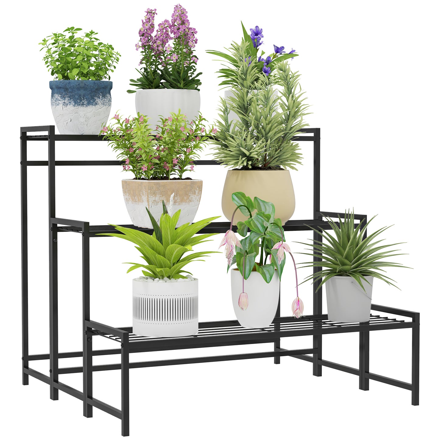 Outsunny 3-Tier Metal Plant Stand, Modern Ladder Shelf for Garden, Black