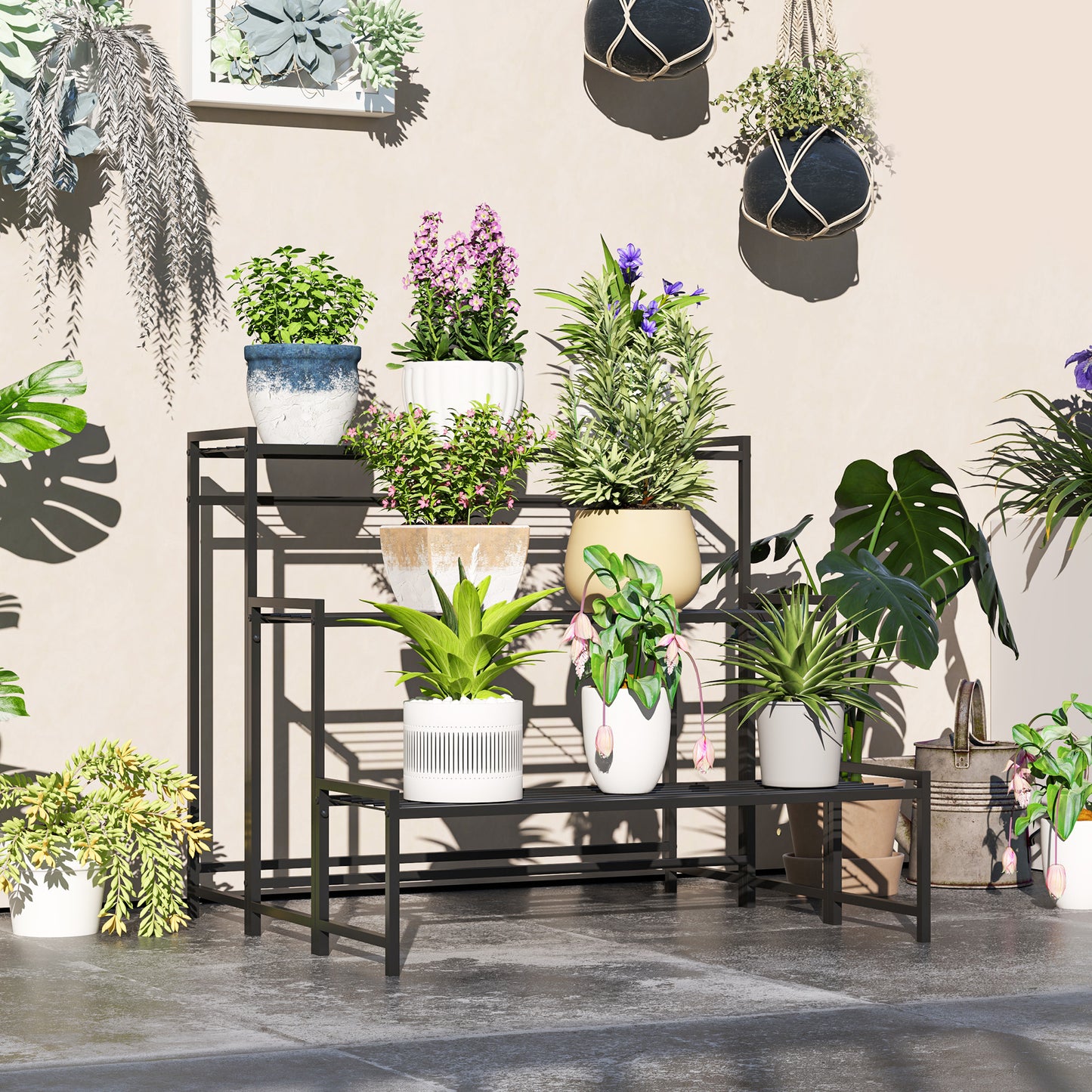 Outsunny 3-Tier Metal Plant Stand, Modern Ladder Shelf for Garden, Black