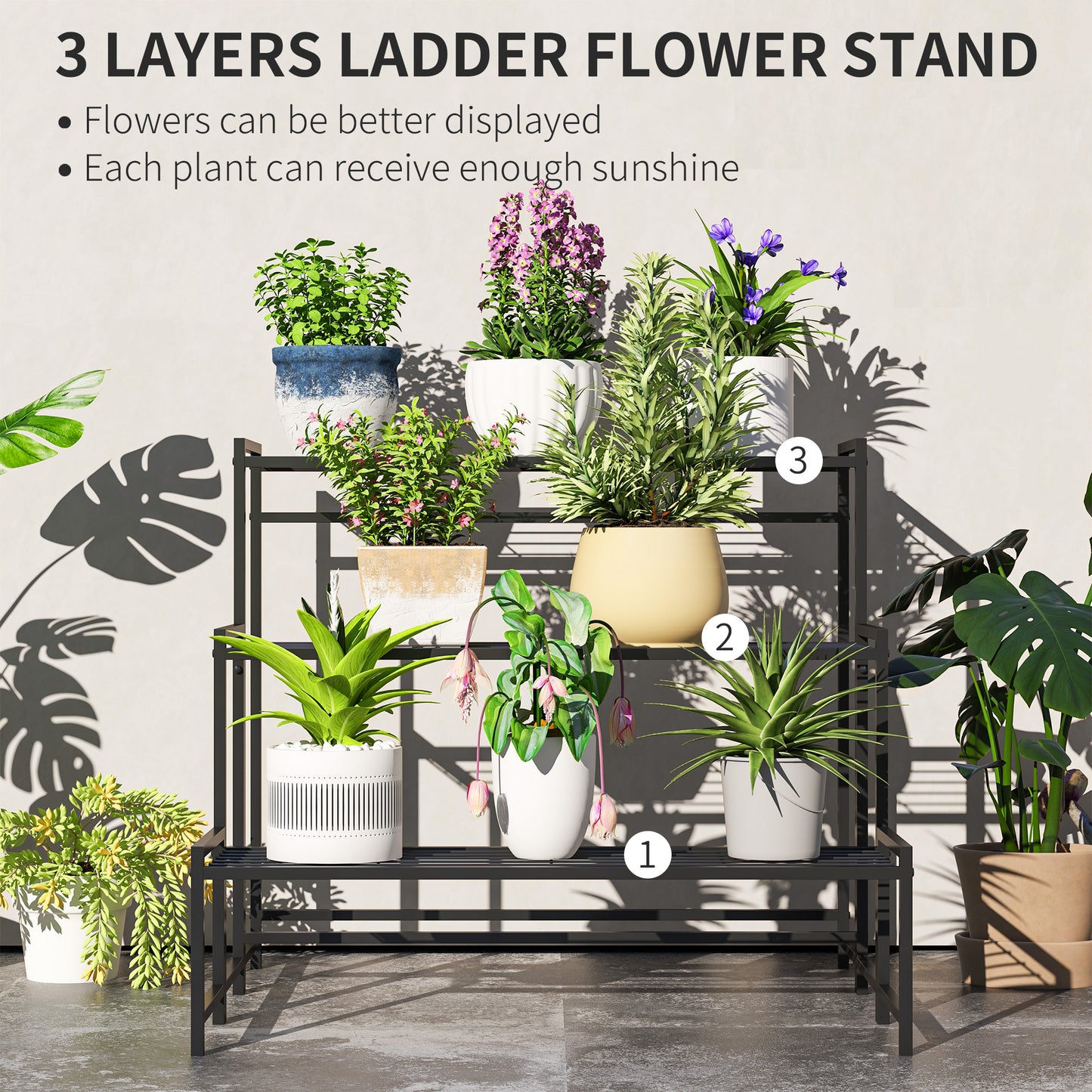 Outsunny 3-Tier Metal Plant Stand, Modern Ladder Shelf for Garden, Black