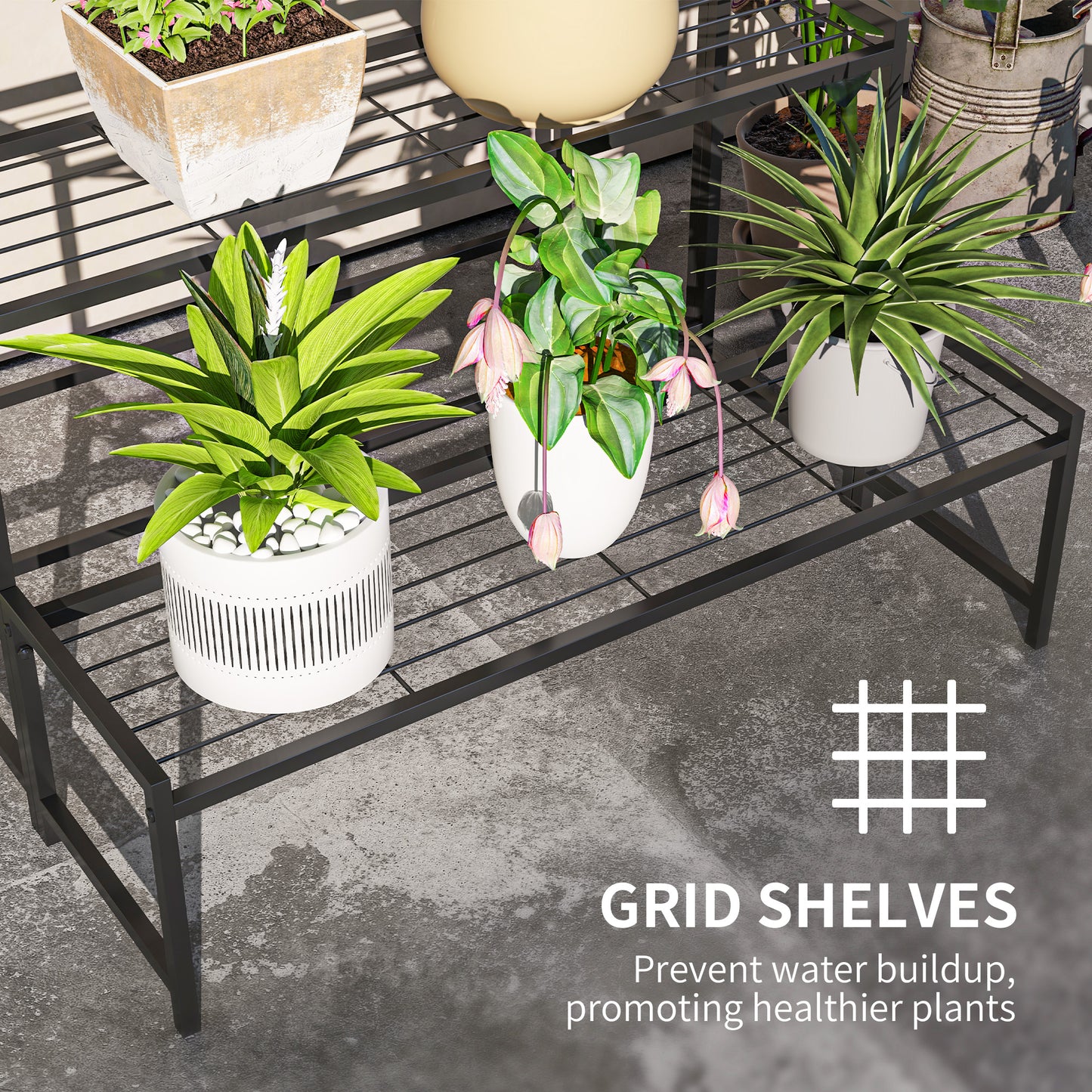 Outsunny 3-Tier Metal Plant Stand, Modern Ladder Shelf for Garden, Black