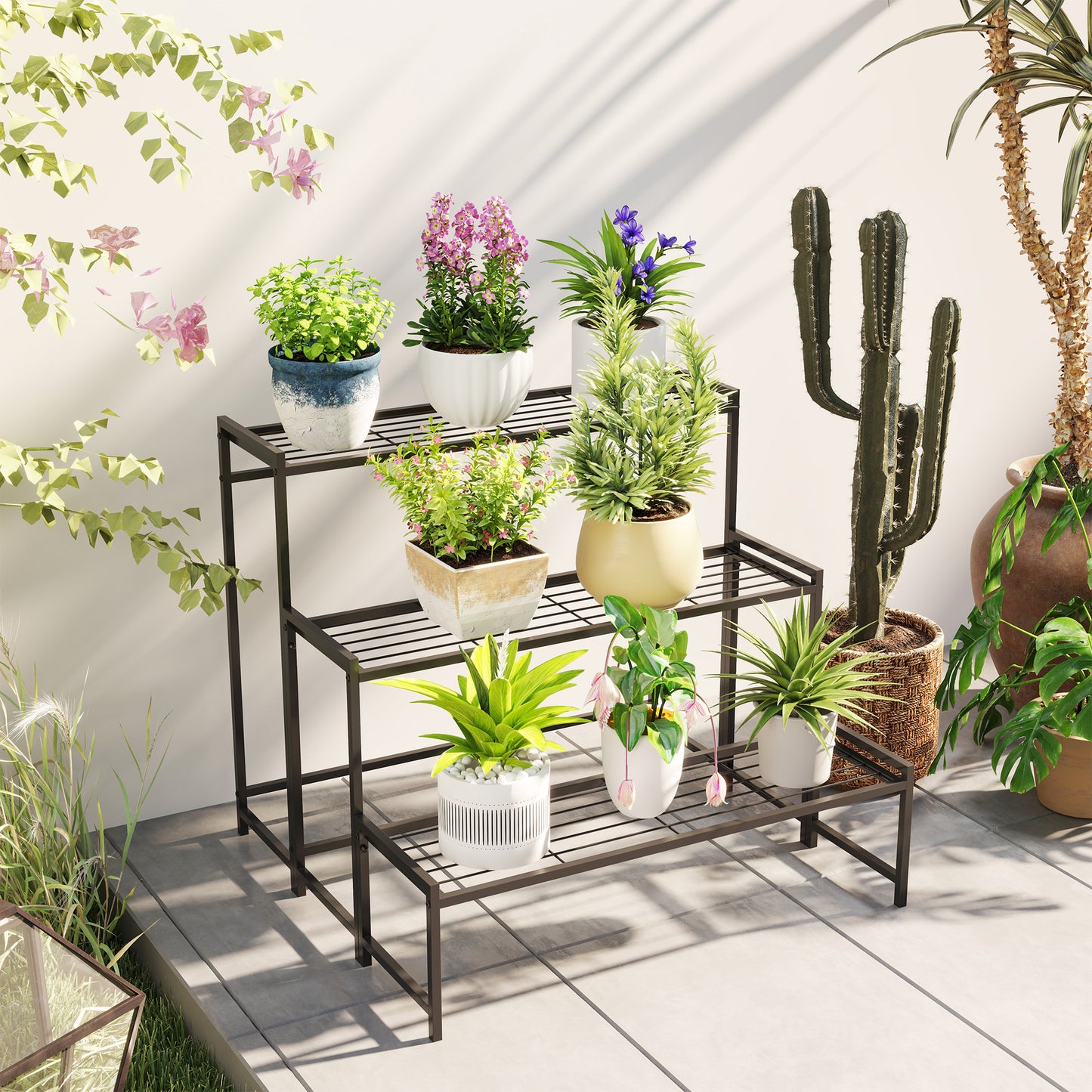 Outsunny 3-Tier Metal Plant Stand, Modern Ladder Shelf for Garden, Black