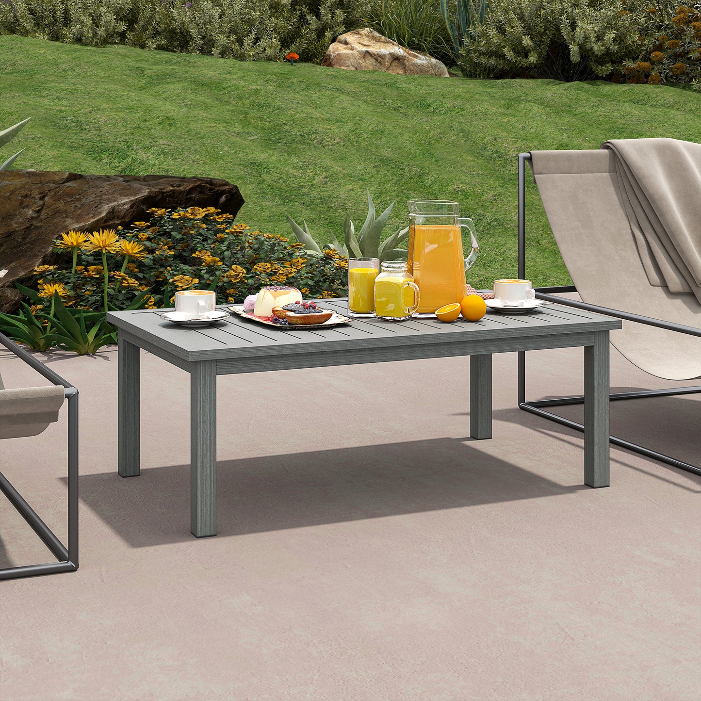 Outsunny Aluminium Outdoor Coffee Table Patio Table w/ Grey Wood Grain Effect
