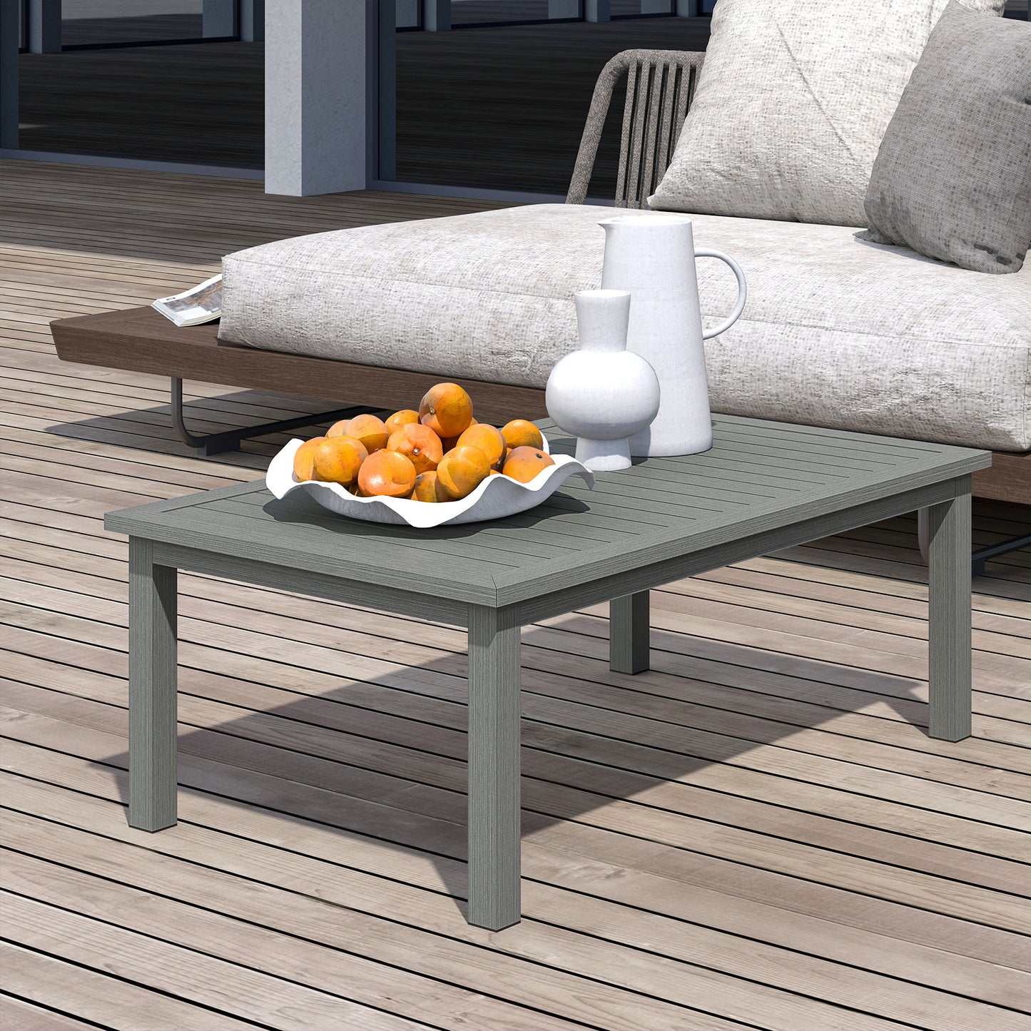 Outsunny Aluminium Outdoor Coffee Table Patio Table w/ Grey Wood Grain Effect