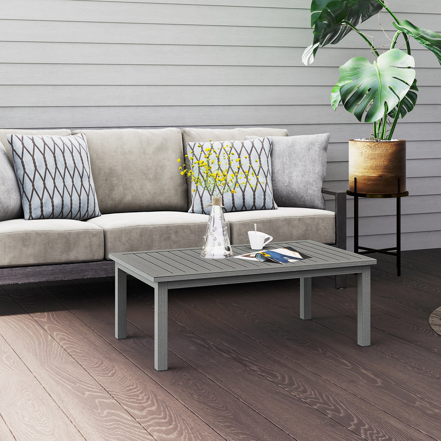 Outsunny Aluminium Outdoor Coffee Table Patio Table w/ Grey Wood Grain Effect