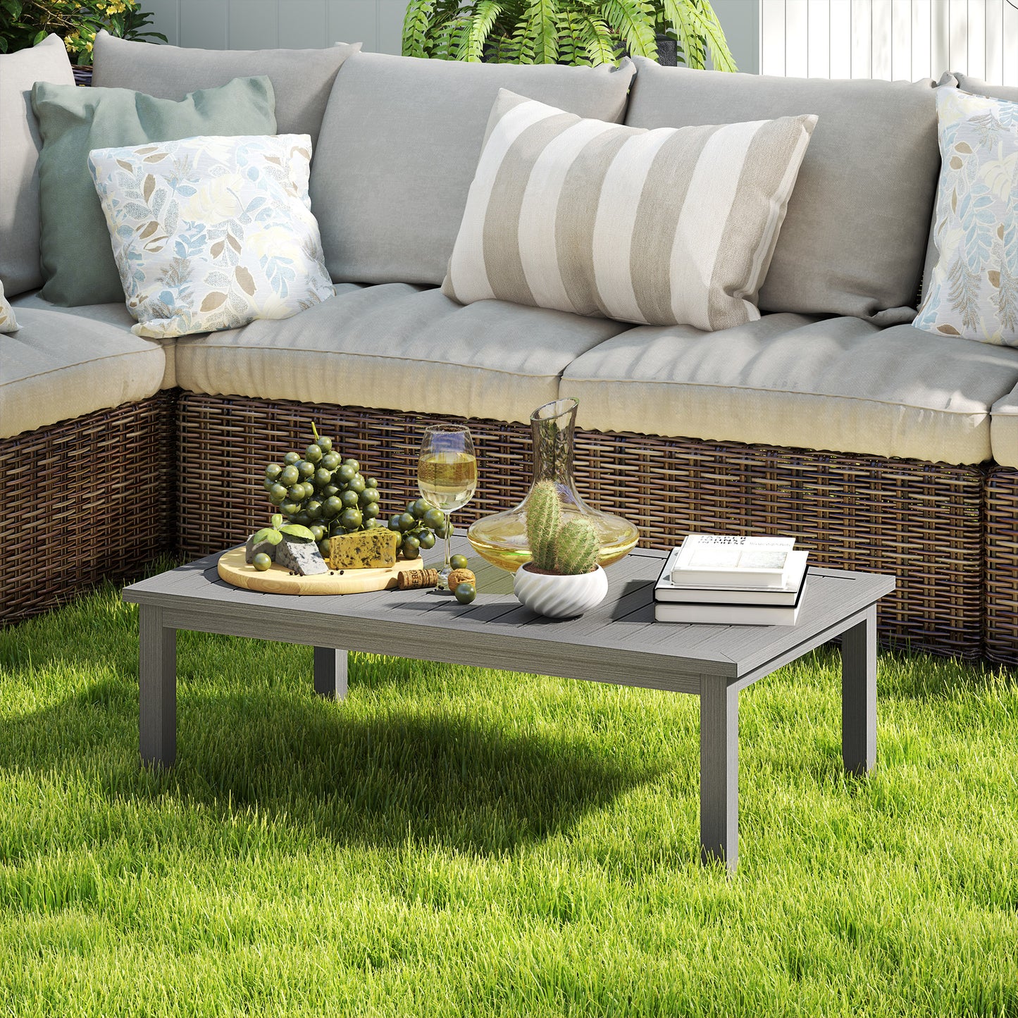 Outsunny Aluminium Outdoor Coffee Table Patio Table w/ Grey Wood Grain Effect