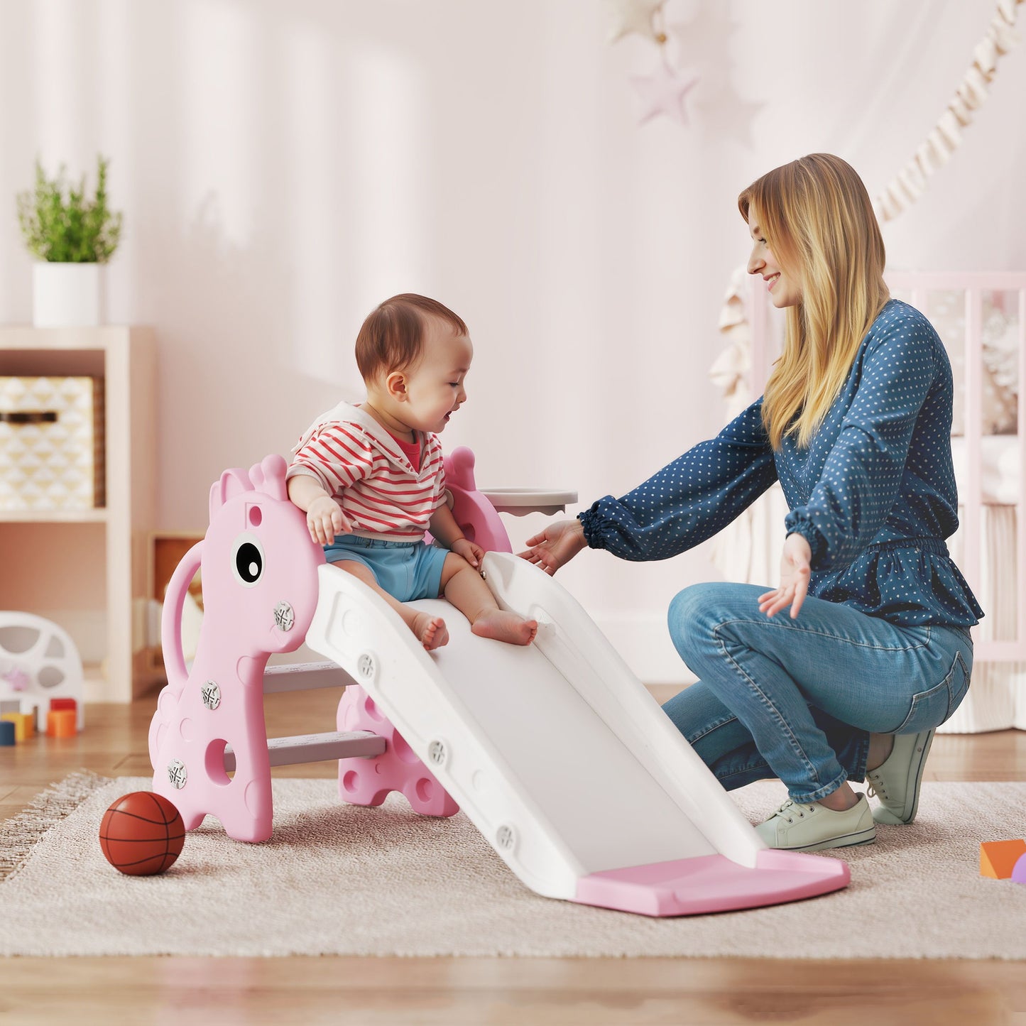 AIYAPLAY 3 in 1 Kids Slide with Climber, Basketball Hoop and Ball, Pink