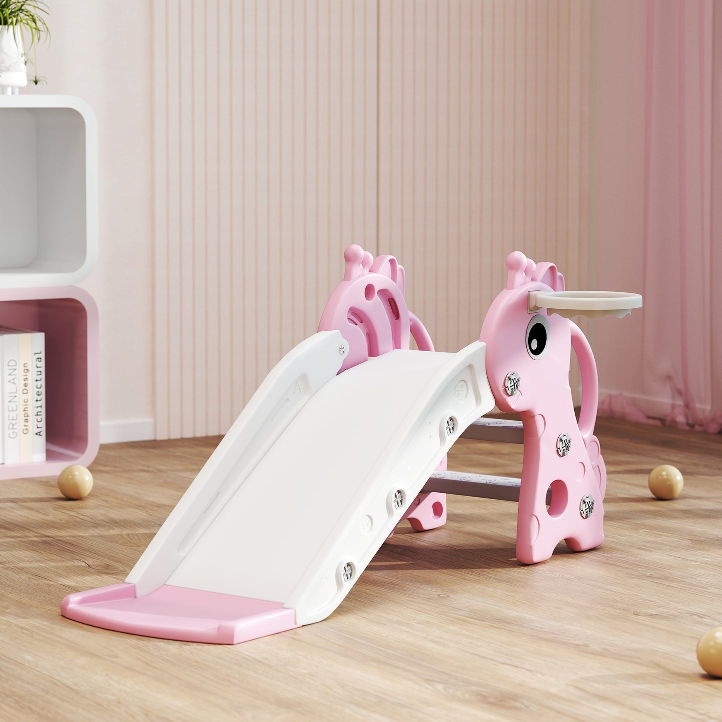 AIYAPLAY 3 in 1 Kids Slide with Climber, Basketball Hoop and Ball, Pink