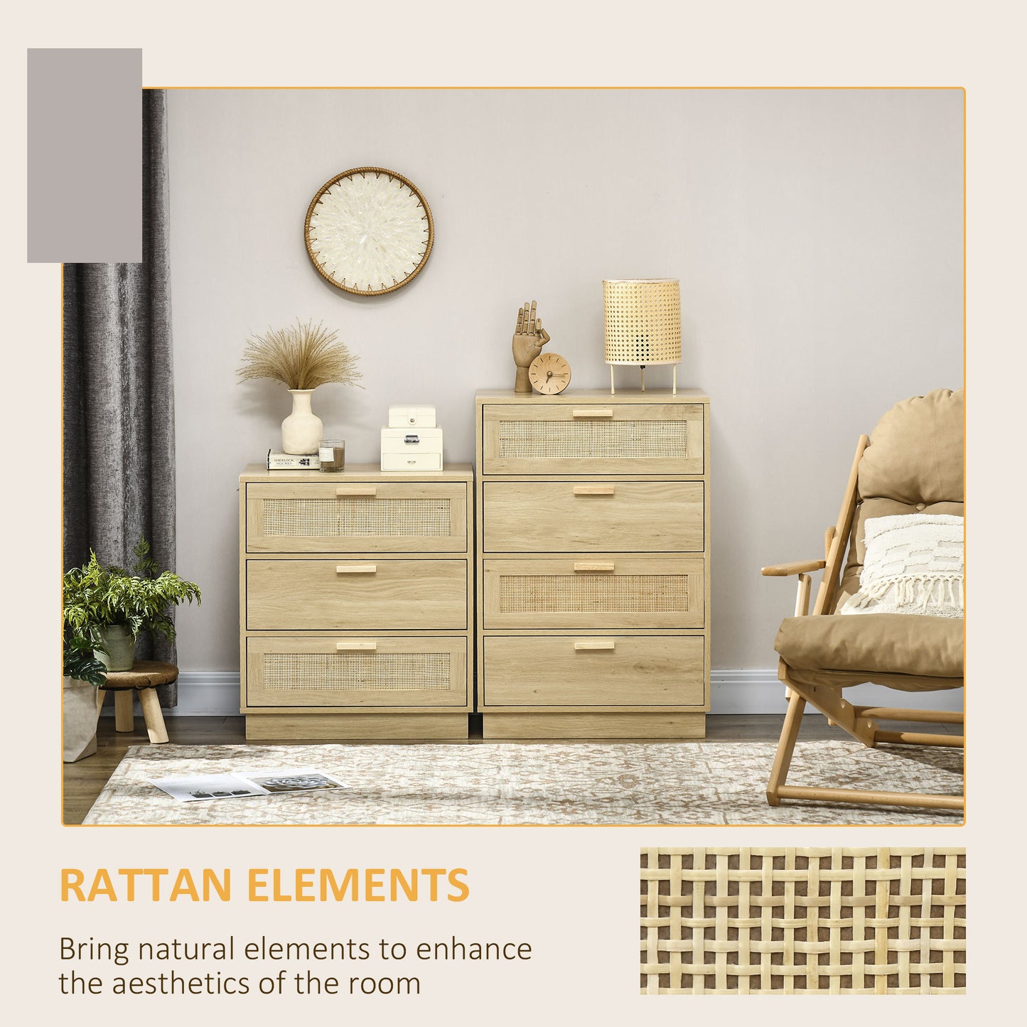 HOMCOM 4 Drawer Dresser, Boho Chest of Drawers Storage Cabinet, Natural