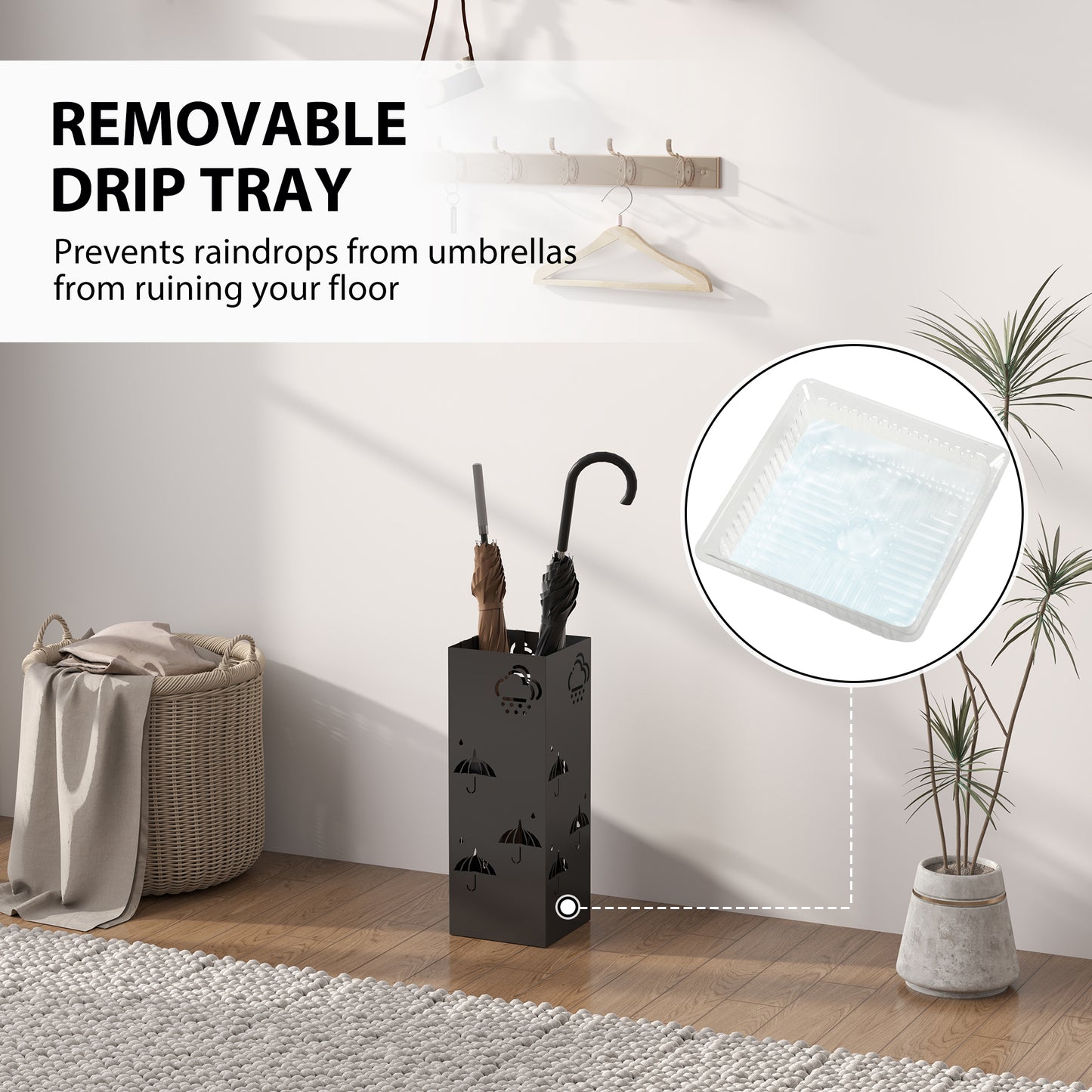 HOMCOM Decorative Umbrella Holder w/ Drip Tray 4 Hooks for Entryway Black