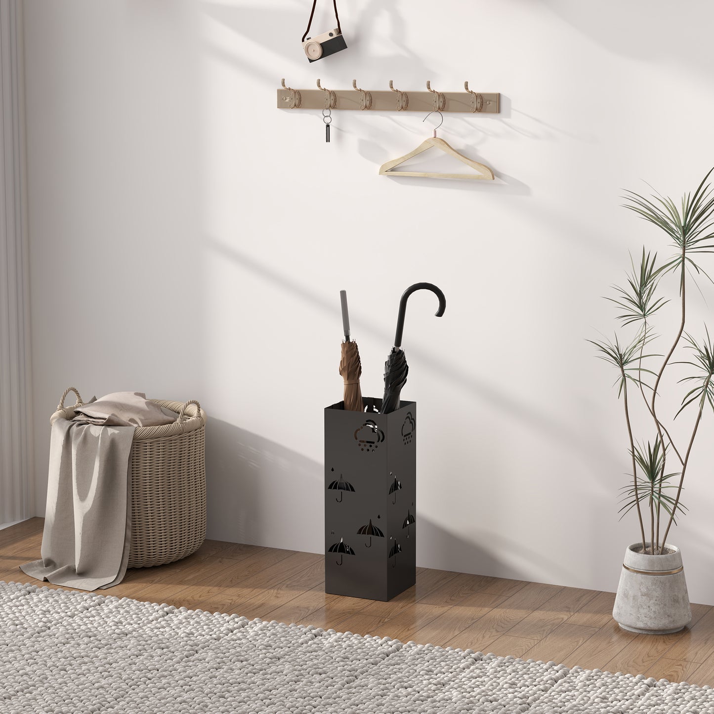 HOMCOM Decorative Umbrella Holder w/ Drip Tray 4 Hooks for Entryway Black
