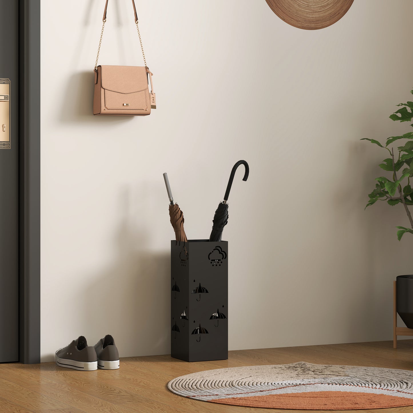 HOMCOM Decorative Umbrella Holder w/ Drip Tray 4 Hooks for Entryway Black