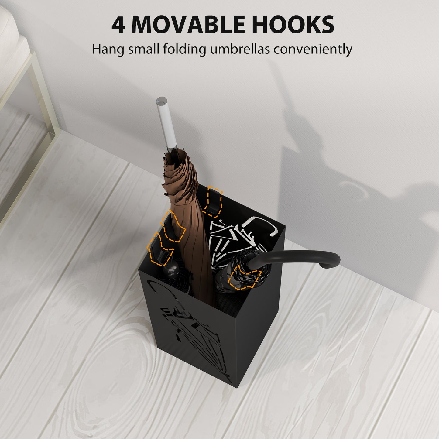 HOMCOM Square Umbrella Holder with Hooks and Water Tray for Entryway Black