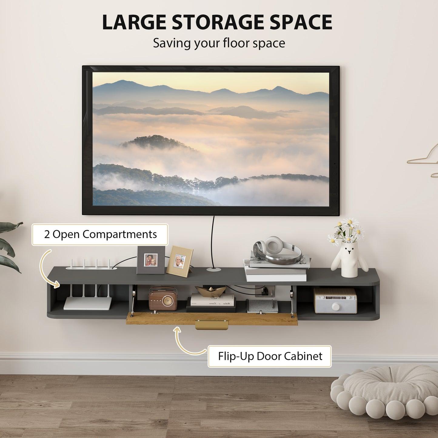 HOMCOM 140 cm Floating TV Unit with Storage Entertainment Media Console Grey