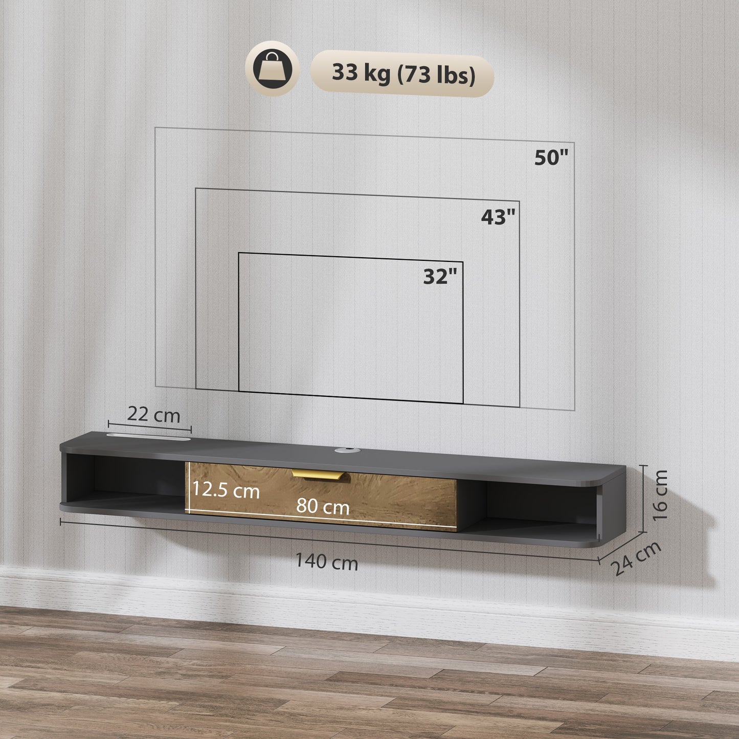 HOMCOM 140 cm Floating TV Unit with Storage Entertainment Media Console Grey