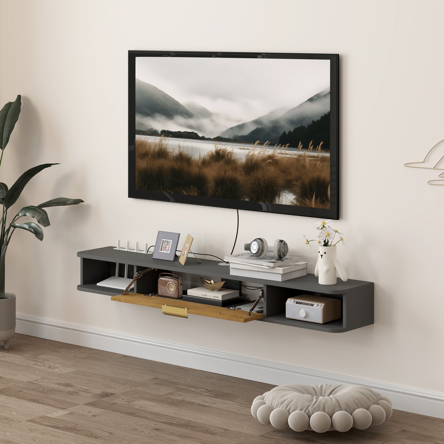 HOMCOM 140 cm Floating TV Unit with Storage Entertainment Media Console Grey