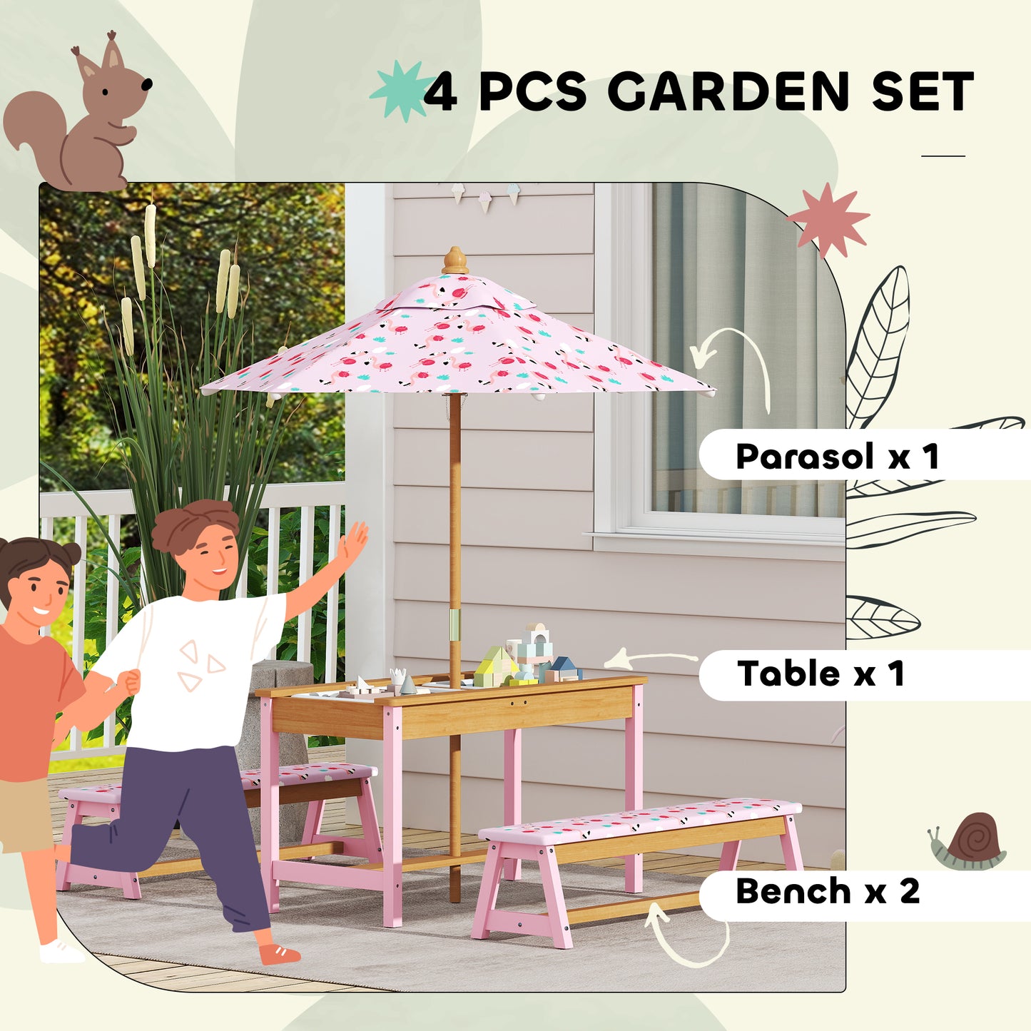 AIYAPLAY Kids Picnic Table, Wooden Children Garden Table and Bench Set, Pink
