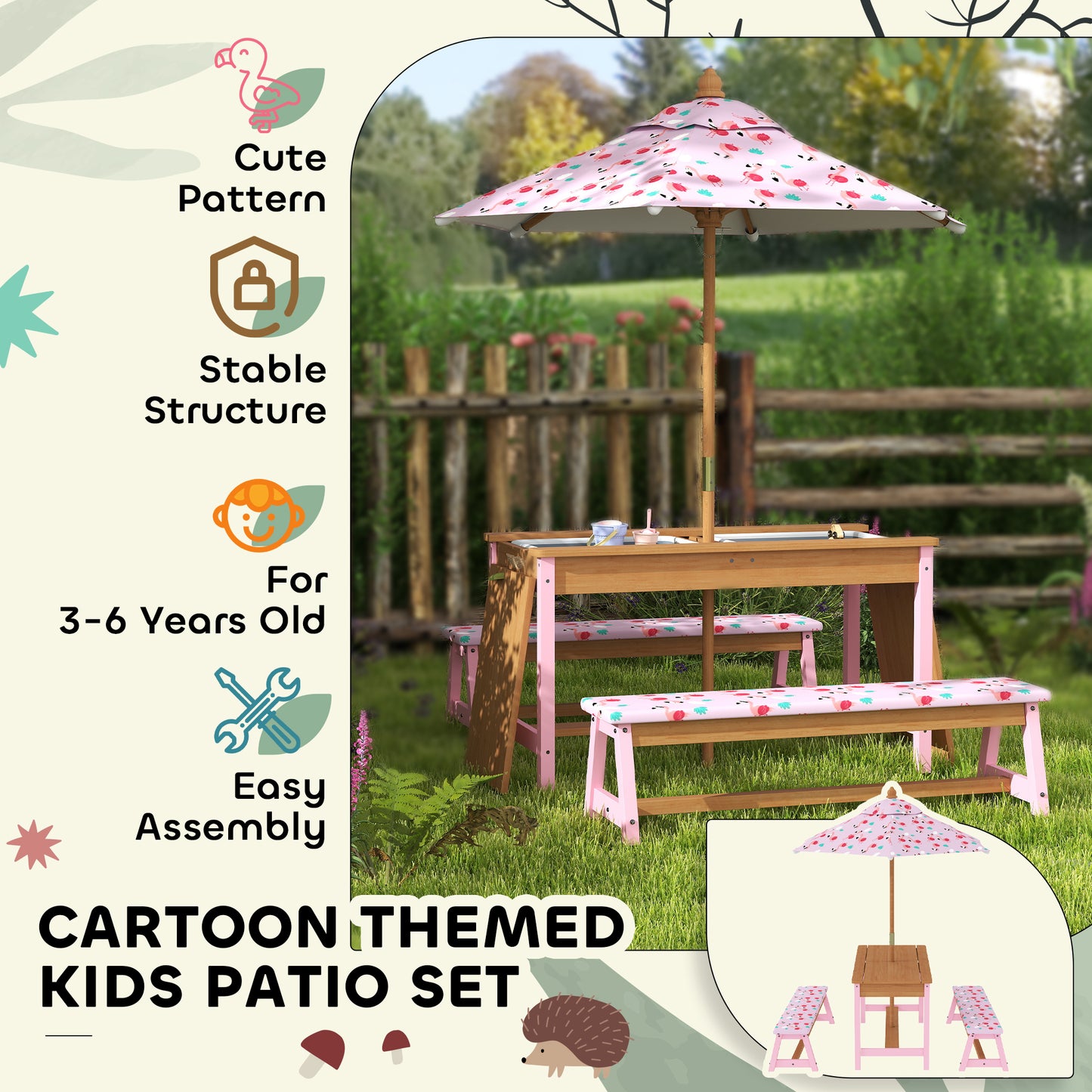 AIYAPLAY Kids Picnic Table, Wooden Children Garden Table and Bench Set, Pink