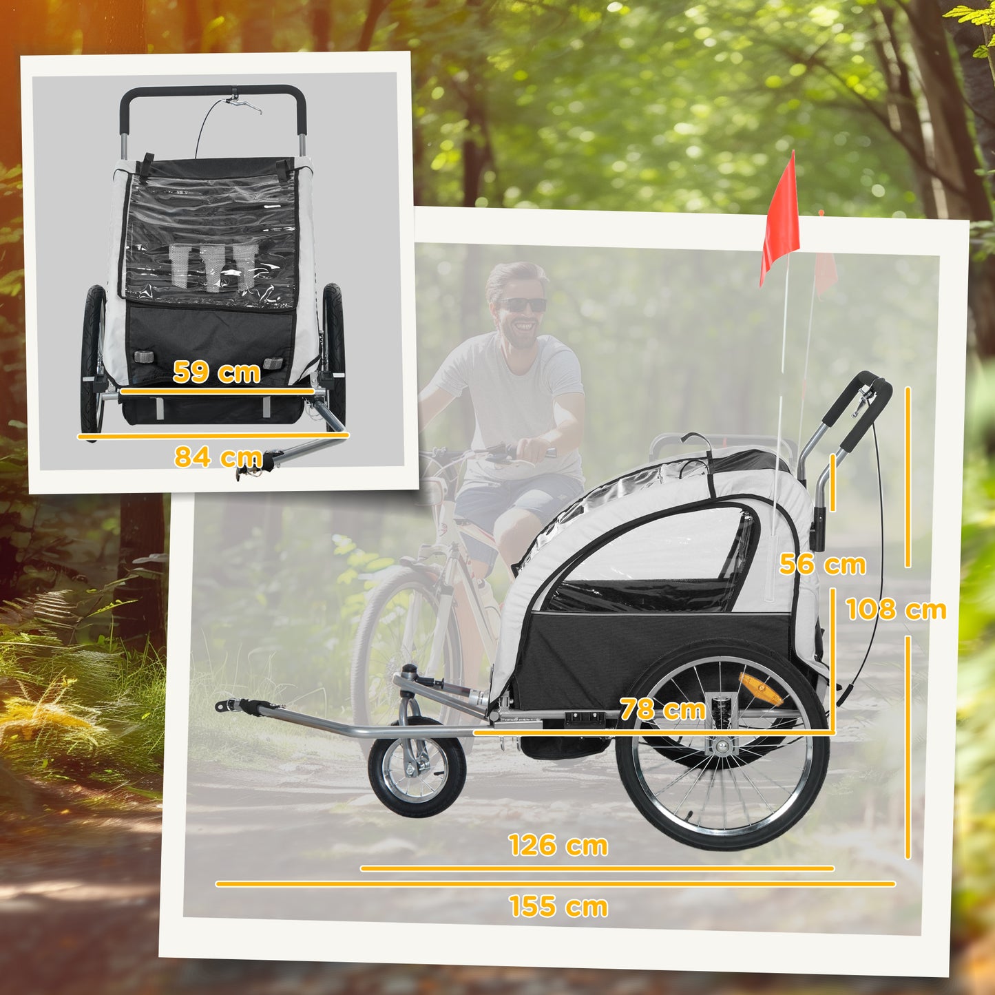 HOMCOM 2 Seat Bike Trailer with 5 Point Harness, for 18+ Months, Black