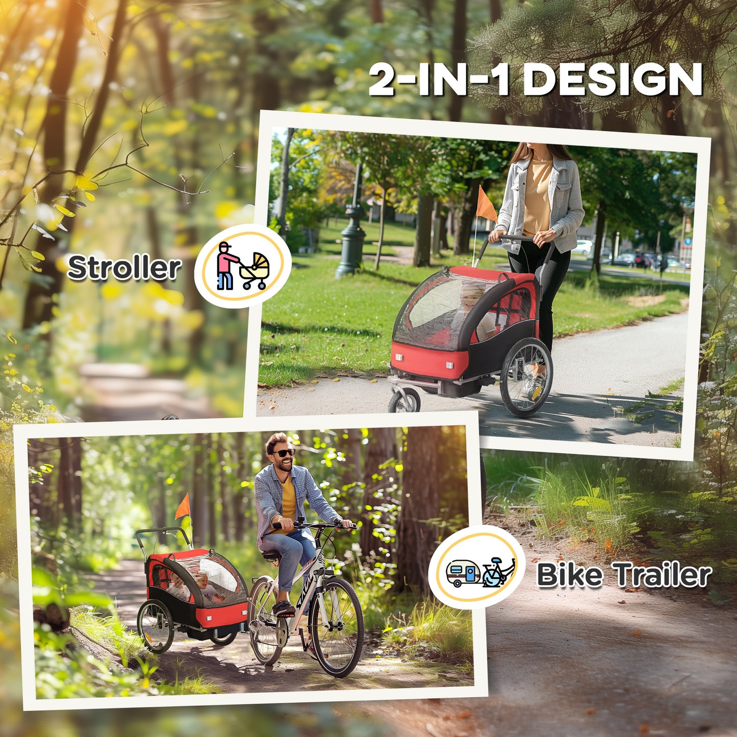 HOMCOM 2 Seat Bike Trailer with 5 Point Harness, for 18+ Months, Red