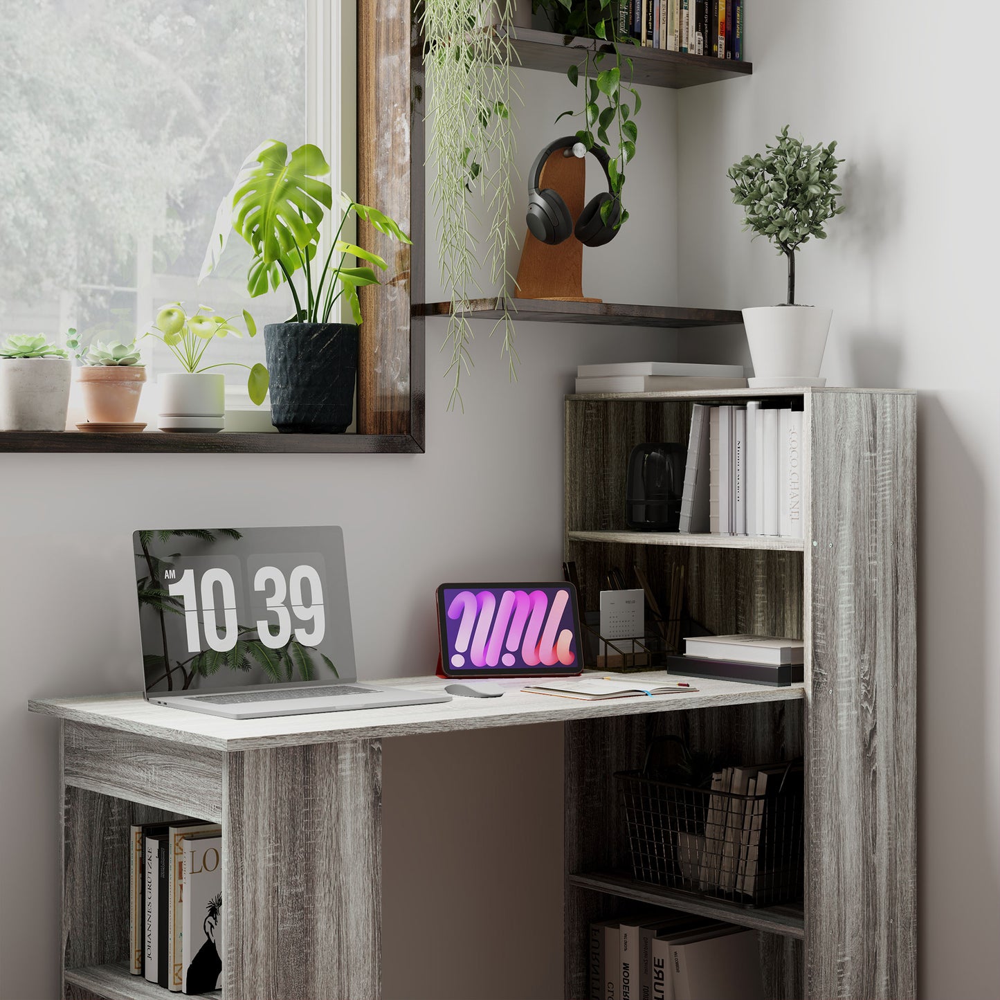 HOMCOM 120cm Computer Desk Bookshelf Writing Table Workstation 6 Shelves Grey