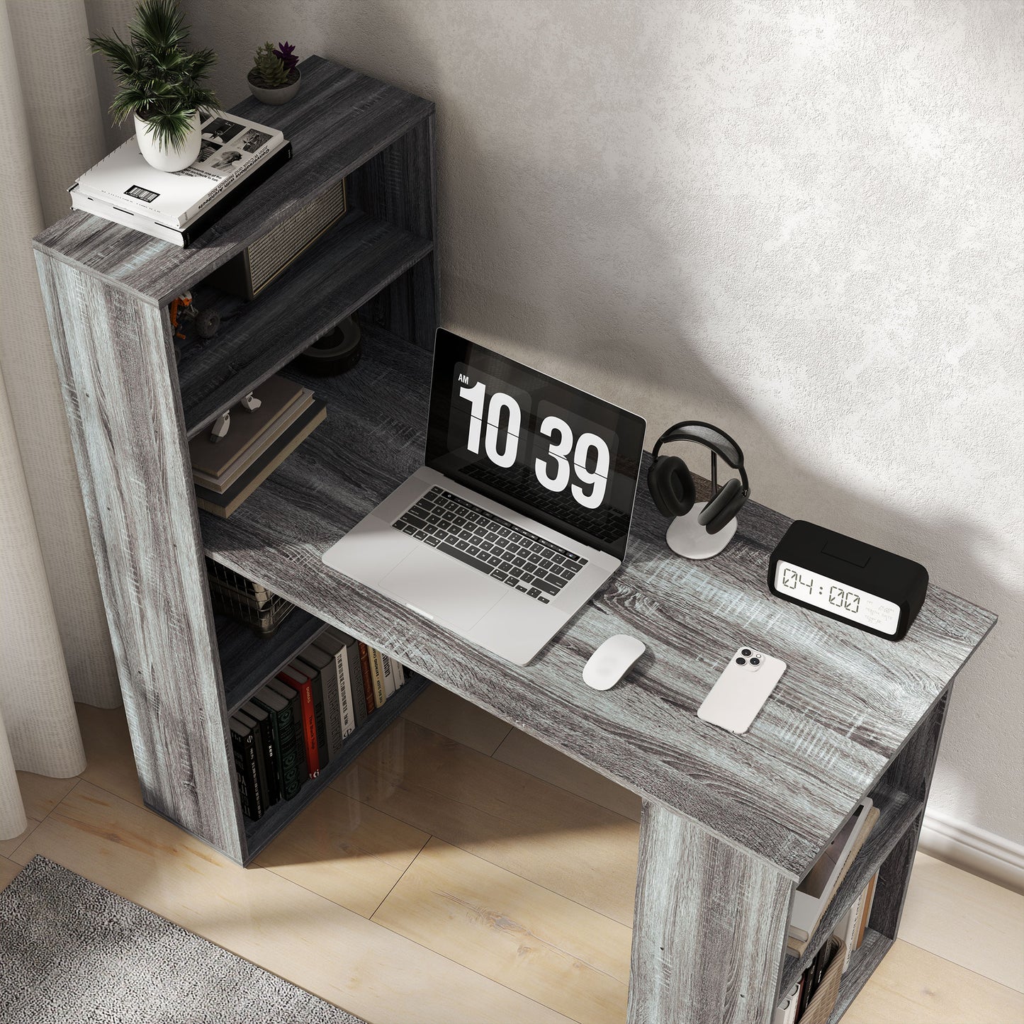 HOMCOM 120cm Computer Desk Bookshelf Writing Table Workstation 6 Shelves Grey