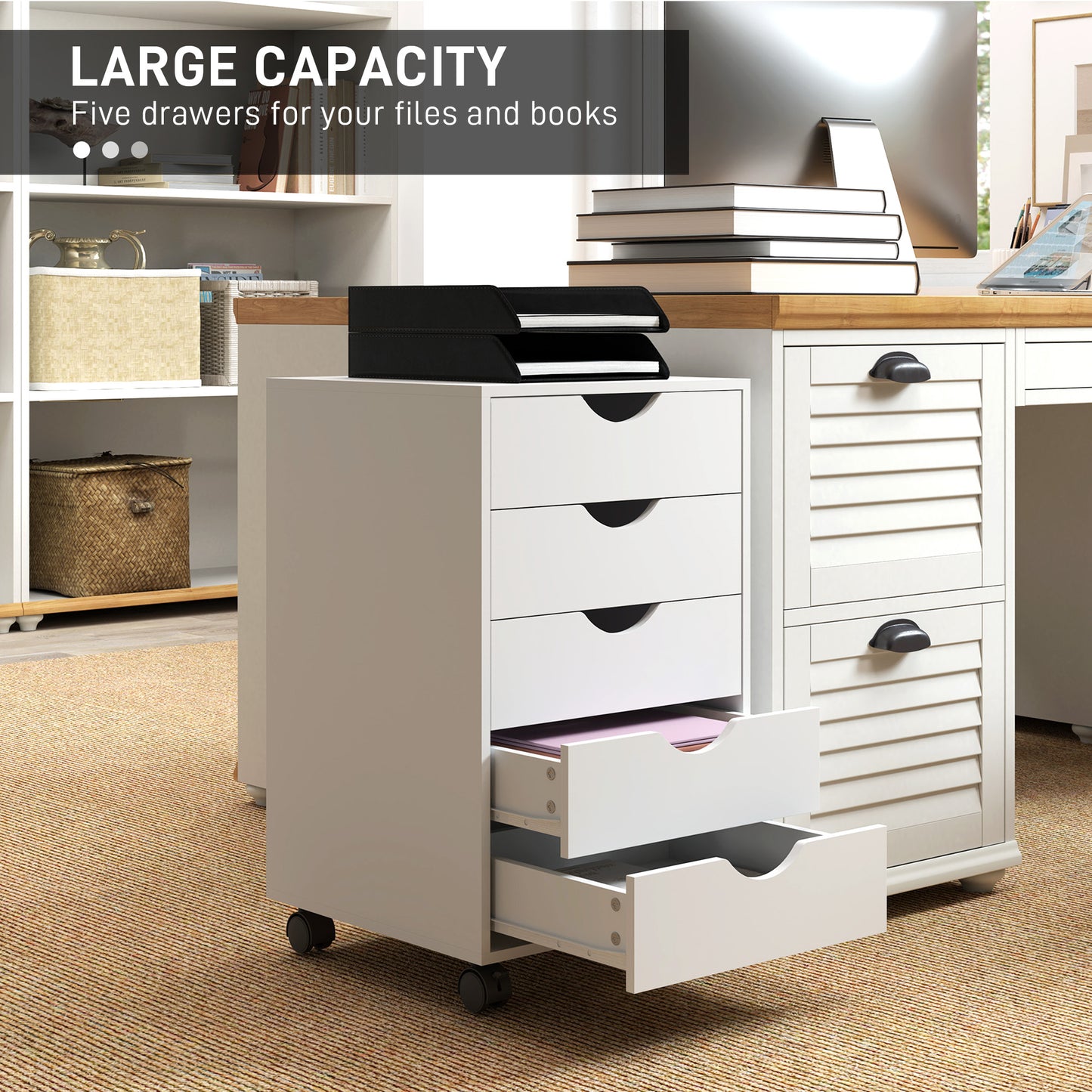 HOMCOM Mobile Vertical Filing Cabinet with 5 Drawers for Home Office, White
