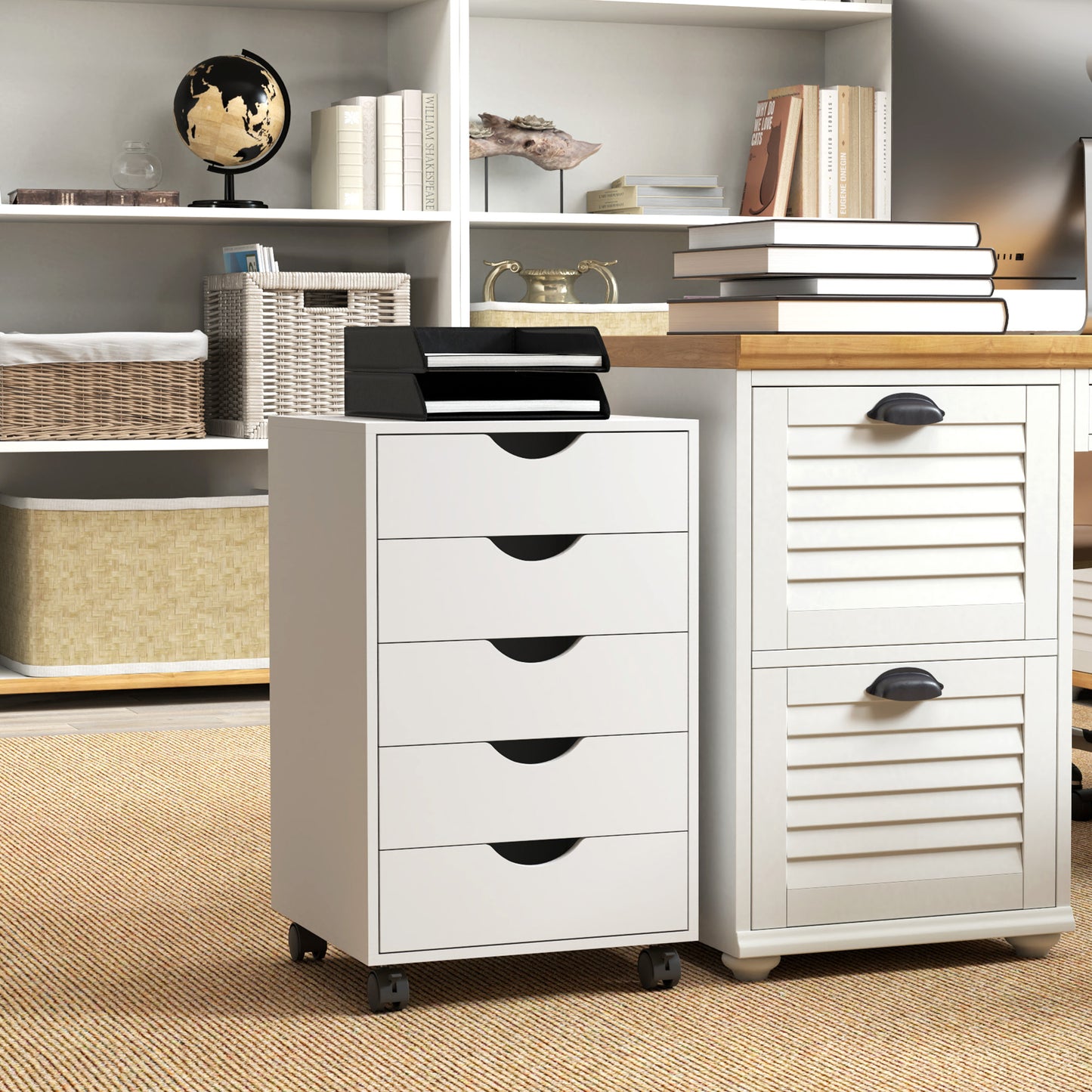 HOMCOM Mobile Vertical Filing Cabinet with 5 Drawers for Home Office, White
