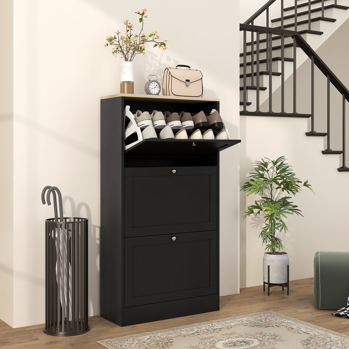 HOMCOM Narrow Shoe Cabinet with 3 Flip Drawers for 18 Pairs of Shoes Black