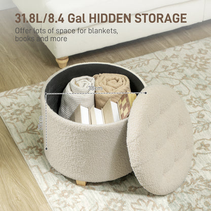 HOMCOM 45cm Round Ottoman with Storage, Lid, Cashmere Footstool, Cream White
